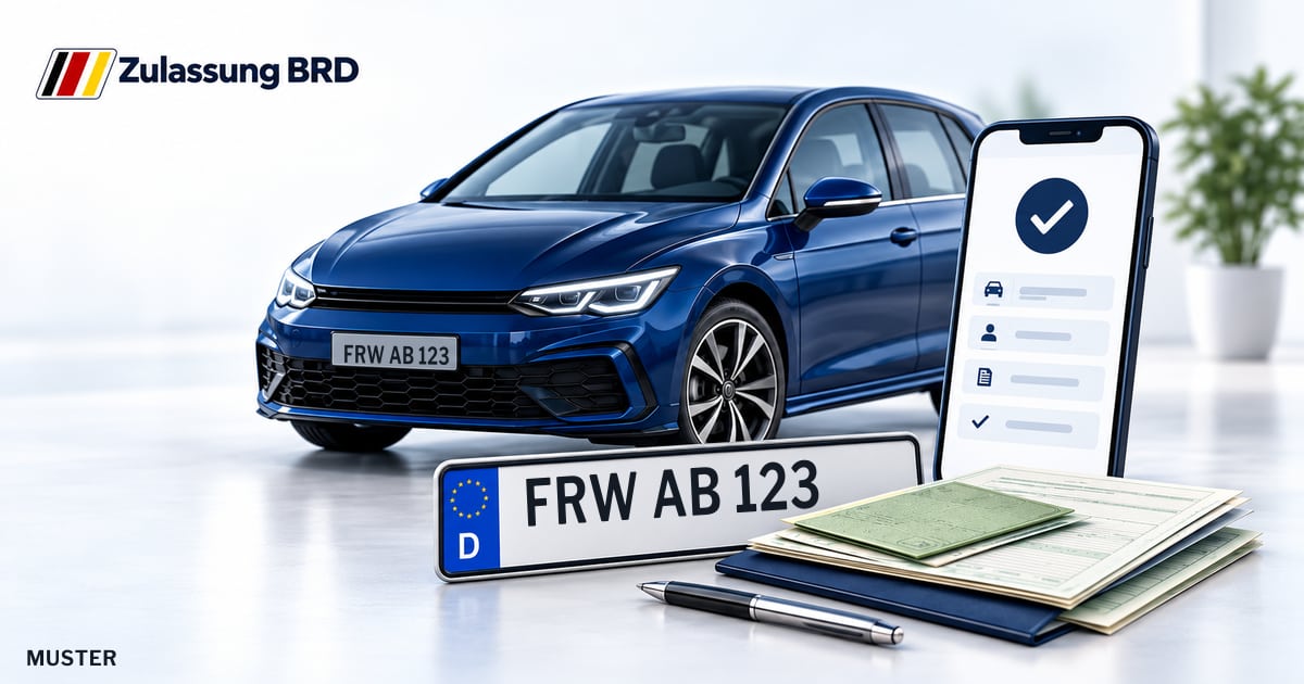 Online Fahrzeugzulassung in Hoppegarten: Musterkennzeichen FRW AB 123, Auto und Fahrzeugpapiere und Smartphone. Illustration mit Logo von Zulassung BRD.